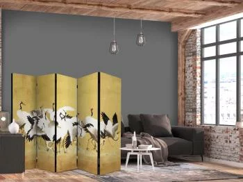 Parawan - Japońskie żurawie - stado ptaków na tle w odcieniu złota na podstawie obrazu Ishida Yūtei