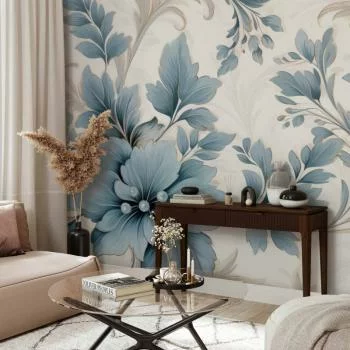 Fototapeta - Turkusowe kwiaty w retro klimacie - florystyczne ornamenty