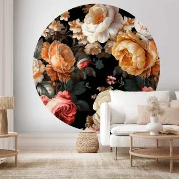 Fototapeta okrągła - Kolorowe kwiaty na czarnym tle