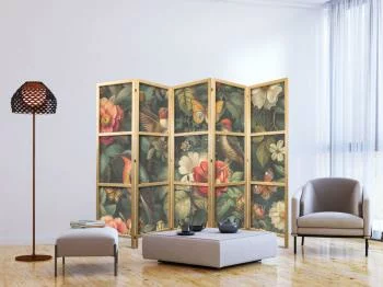 Parawan japoński - W ogrodzie botanicznym - kwiaty ptaki i motyle - barwna ilustracja - obrazek 5