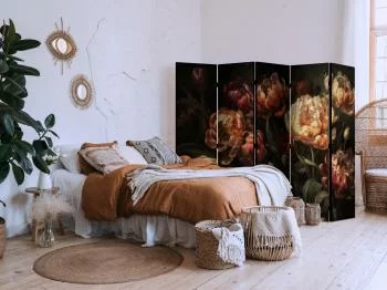 Parawan - Okazałe tulipany - bukiet kwiatów w czerwieni i bieli na czarnym tle - obrazek 5