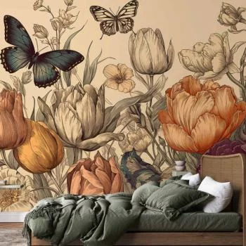 Fototapeta - Kolorowe tulipany na kremowym tle - obrazek 5