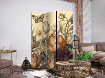 Parawan - Tulipany w kremie - ilustracja kwiatów i motyli na jasnym tle - obrazek 5