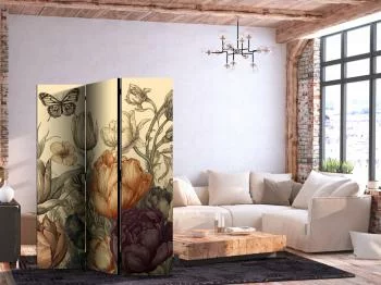 Parawan - Tulipany w kremie - ilustracja kwiatów i motyli na jasnym tle - obrazek 2
