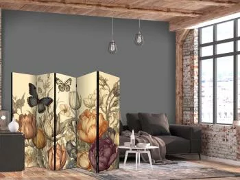 Parawan - Tulipany w kremie - ilustracja kwiatów i motyli na jasnym tle - obrazek 2