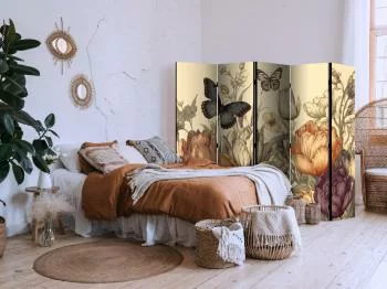 Parawan - Tulipany w kremie - ilustracja kwiatów i motyli na jasnym tle - obrazek 5