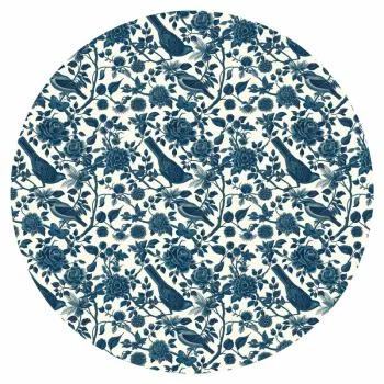 Fototapeta okrągła - Ptaki i róże - monochromatyczny niebieski wzór z botanicznym motywem - obrazek 2