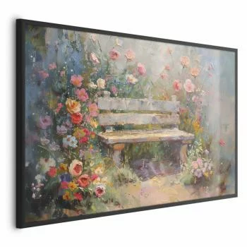 Plakat - Kwiecista ławeczka - obraz w stylu impresjonistycznym pełen kwiatów
