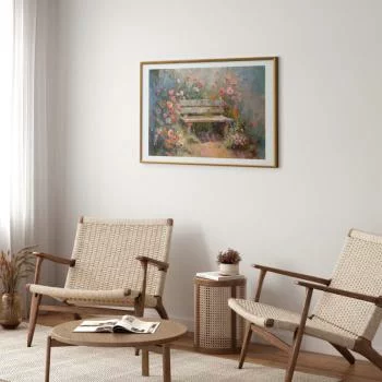 Plakat - Kwiecista ławeczka - obraz w stylu impresjonistycznym pełen kwiatów - obrazek 5