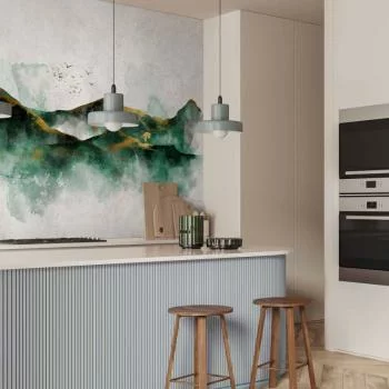 Fototapeta - Abstrakcyjny krajzielone góry ze złotymi deseniami i ptakami - obrazek 5