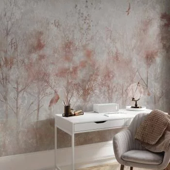 Fototapeta - Jesienny pejzaż - abstrakcja z drzewami i ptakami na tle z teksturą - obrazek 6