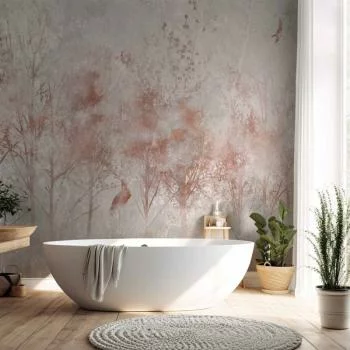 Fototapeta - Jesienny pejzaż - abstrakcja z drzewami i ptakami na tle z teksturą - obrazek 6