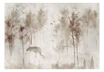 Fototapeta - Pośród drzew - pejzaż w szarych tonach we mgle na polanie z ptakami - obrazek 2