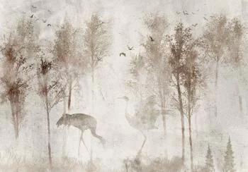 Fototapeta - Pośród drzew - pejzaż w szarych tonach we mgle na polanie z ptakami - obrazek 6