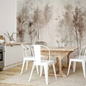 Fototapeta - Pośród drzew - pejzaż w szarych tonach we mgle na polanie z ptakami - obrazek 5