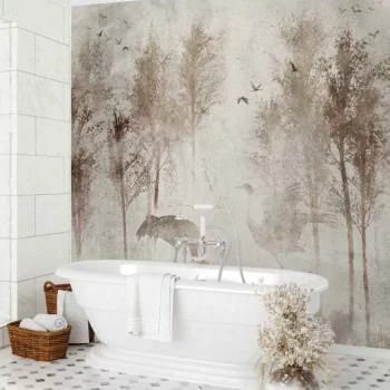 Fototapeta - Pośród drzew - pejzaż w szarych tonach we mgle na polanie z ptakami - obrazek 6