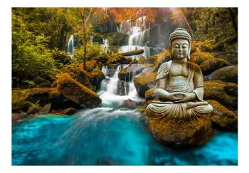 Fototapeta wodoodporna - Orient - pejzaż z rzeźbą Buddy na tle wodospadu i egzotycznego lasu - obrazek 2