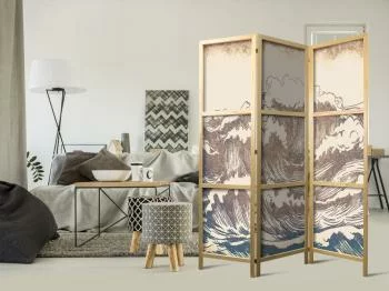 Parawan japoński - Wzburzony ocean - Wysokie fale w kolorystyce brązu i granatu na beżowym tle w stylistyce vintage - obrazek 2