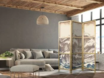 Parawan japoński - Wzburzony ocean - Wysokie fale w kolorystyce brązu i granatu na beżowym tle w stylistyce vintage - obrazek 5