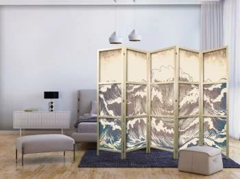 Parawan japoński - Wzburzony ocean - Wysokie fale w kolorystyce brązu i granatu na beżowym tle w stylistyce vintage - obrazek 2
