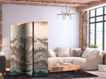 Parawan - Wzburzony ocean - Wysokie fale w kolorystyce brązu i granatu na beżowym tle w stylistyce vintage - obrazek 2