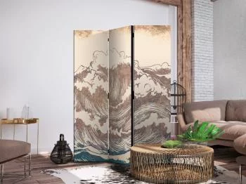 Parawan - Wzburzony ocean - Wysokie fale w kolorystyce brązu i granatu na beżowym tle w stylistyce vintage - obrazek 5