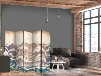 Parawan - Wzburzony ocean - Wysokie fale w kolorystyce brązu i granatu na beżowym tle w stylistyce vintage - obrazek 2