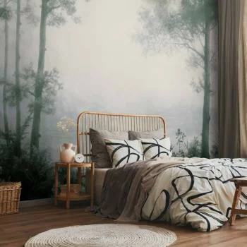 Fototapeta - Pejzaż retro - lasek drzewa i staw w spatynowanych odcieniach zieleni - obrazek 5