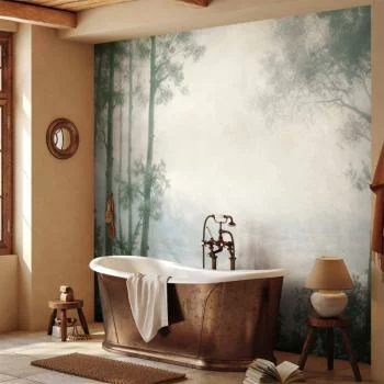 Fototapeta - Pejzaż retro - lasek drzewa i staw w spatynowanych odcieniach zieleni - obrazek 6