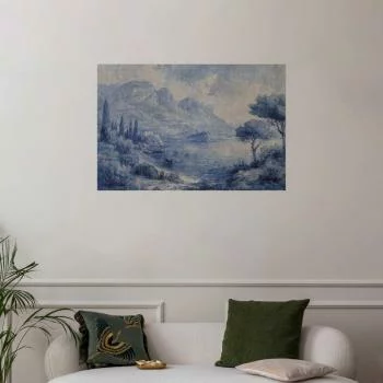 Plakat - Niebieska zatoka - włoski krajobraz jeziora Como malowany niebieskim tuszem - obrazek 2