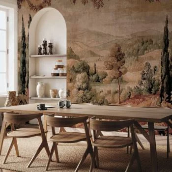 Fototapeta - Śródziemnomorski krajobraz - stary gobelin ze wzgórzem i jeziorem - obrazek 5