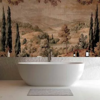 Fototapeta - Śródziemnomorski krajobraz - stary gobelin ze wzgórzem i jeziorem - obrazek 6