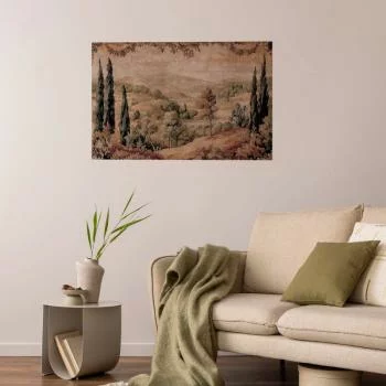 Plakat - Śródziemnomorski krajobraz - stary gobelin ze wzgórzem i jeziorem - obrazek 2