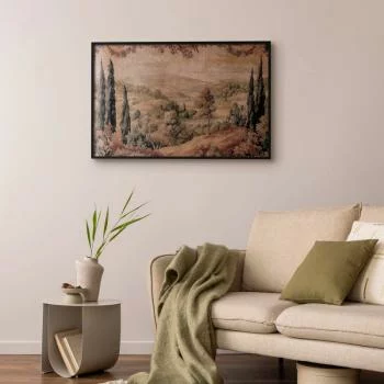 Plakat - Śródziemnomorski krajobraz - stary gobelin ze wzgórzem i jeziorem - obrazek 2