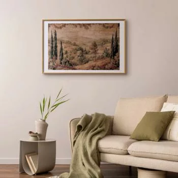 Plakat - Śródziemnomorski krajobraz - stary gobelin ze wzgórzem i jeziorem - obrazek 2