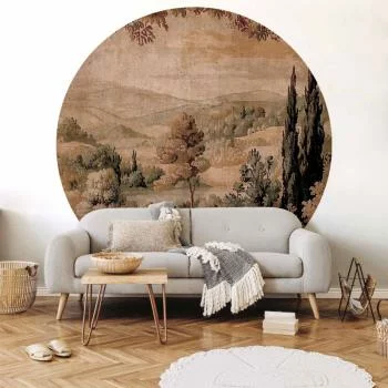 Fototapeta okrągła - Śródziemnomorski krajobraz - stary gobelin ze wzgórzem i jeziorem