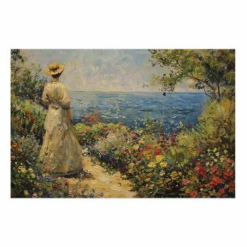 Plakat - Nostalgiczna impresja - zamyślona kobieta kontempluje krajobraz - obrazek 2