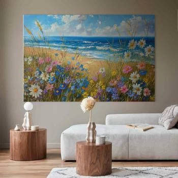 Obraz XXL - Morski krajobraz - polne kwiaty i widok na wzburzone morze - obrazek 6