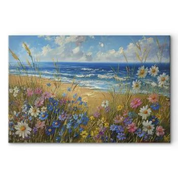 Obraz XXL - Morski krajobraz - polne kwiaty i widok na wzburzone morze - obrazek 2