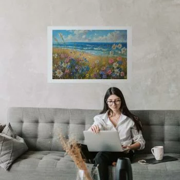 Plakat - Morski krajobraz - polne kwiaty i widok na wzburzone morze - obrazek 5