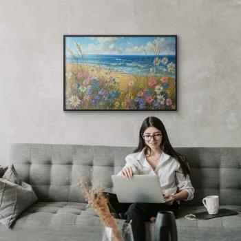 Plakat - Morski krajobraz - polne kwiaty i widok na wzburzone morze - obrazek 5