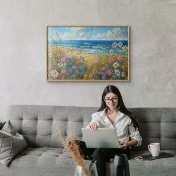 Plakat - Morski krajobraz - polne kwiaty i widok na wzburzone morze - obrazek 5