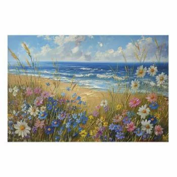 Plakat - Morski krajobraz - polne kwiaty i widok na wzburzone morze - obrazek 2