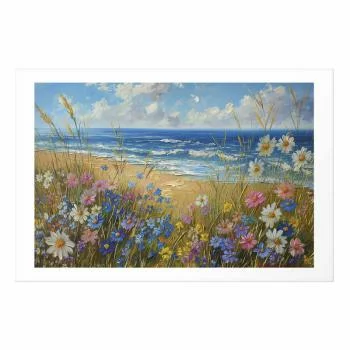 Plakat - Morski krajobraz - polne kwiaty i widok na wzburzone morze - obrazek 2