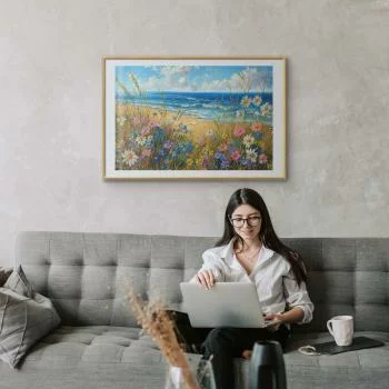 Plakat - Morski krajobraz - polne kwiaty i widok na wzburzone morze - obrazek 5