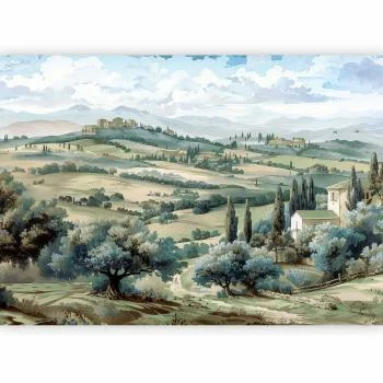 Fototapeta - Pejzaż z zielonymi polami i drzewami toskański słoneczny widok - obrazek 2