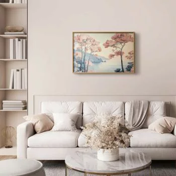 Plakat - Ocean klify i drzewa; delikatny motyw w pastelowych kolorach - obrazek 2