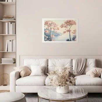Plakat - Ocean klify i drzewa; delikatny motyw w pastelowych kolorach - obrazek 2