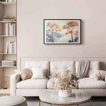 Plakat - Ocean klify i drzewa; delikatny motyw w pastelowych kolorach - obrazek 2