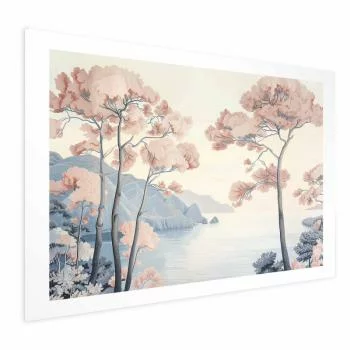 Plakat - Ocean klify i drzewa; delikatny motyw w pastelowych kolorach
